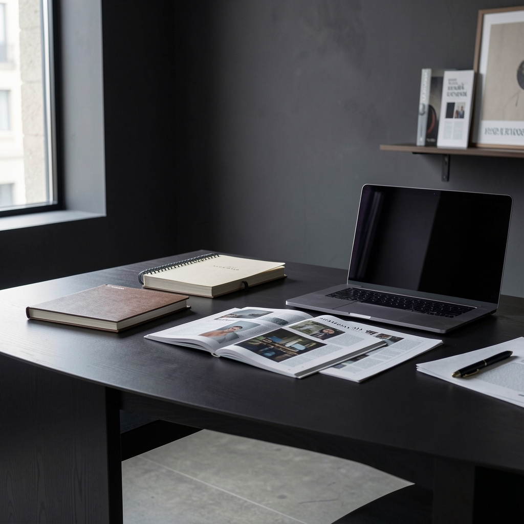 Wide-angle editorial photograph of a modern Jakarta editorial studio interior with clean lines, dark walls, and warm desk lighting