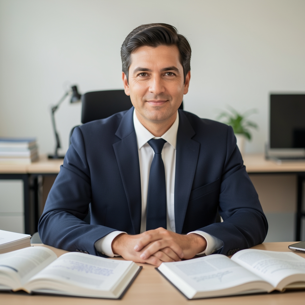 Editorial portrait of a man in professional attire seated at a research desk surrounded by open journals and annotated papers in a clean studio environment