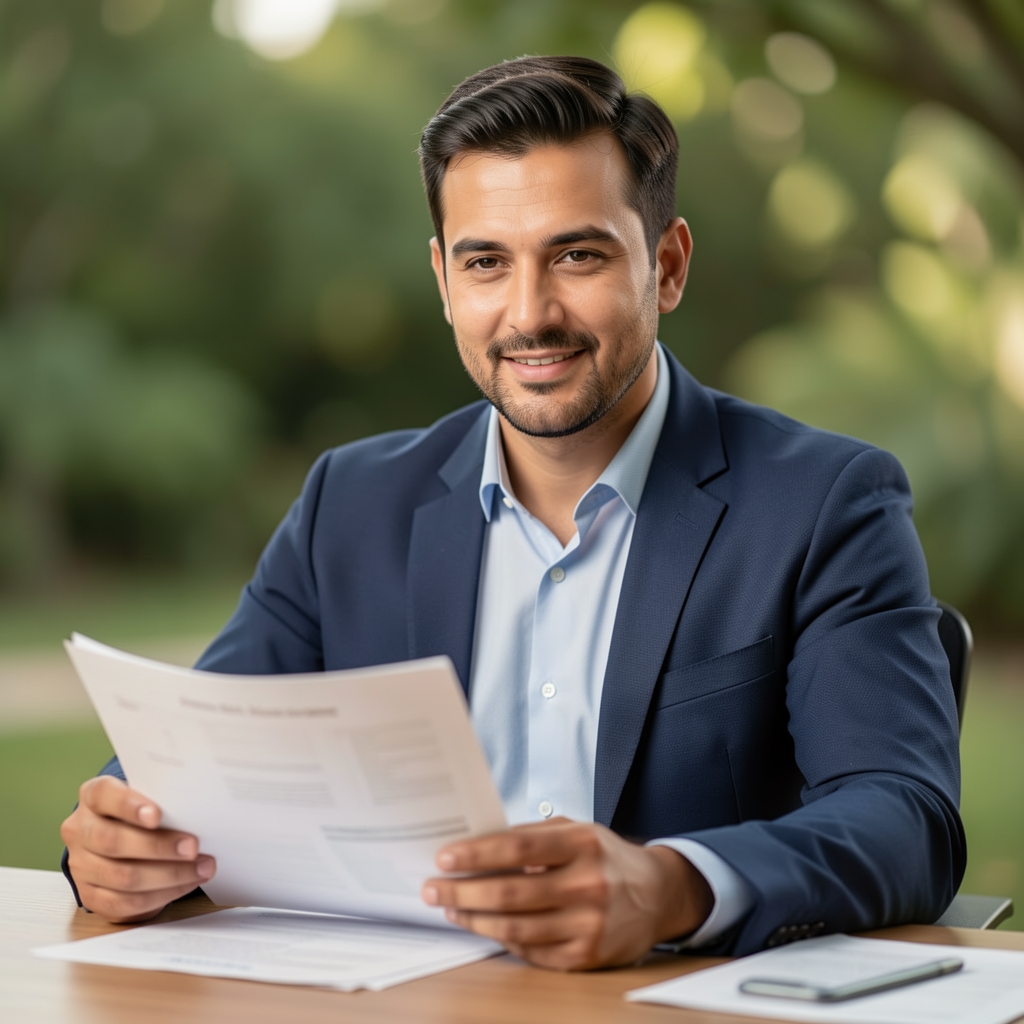 Professional headshot of a male wellness research contributor seated at a desk reviewing printed research papers under studio lighting