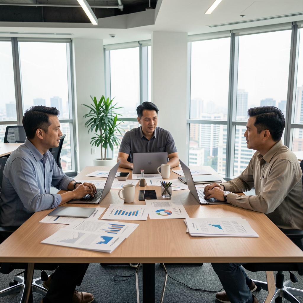 Three men in a collaborative editorial meeting around a large table covered with research documents and open laptops in a modern Jakarta office