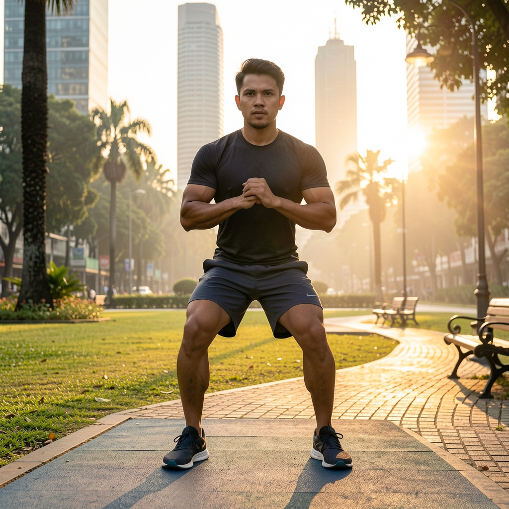Active man in athletic wear performing a morning workout in an urban Jakarta park at dawn, warm light, sharp focus