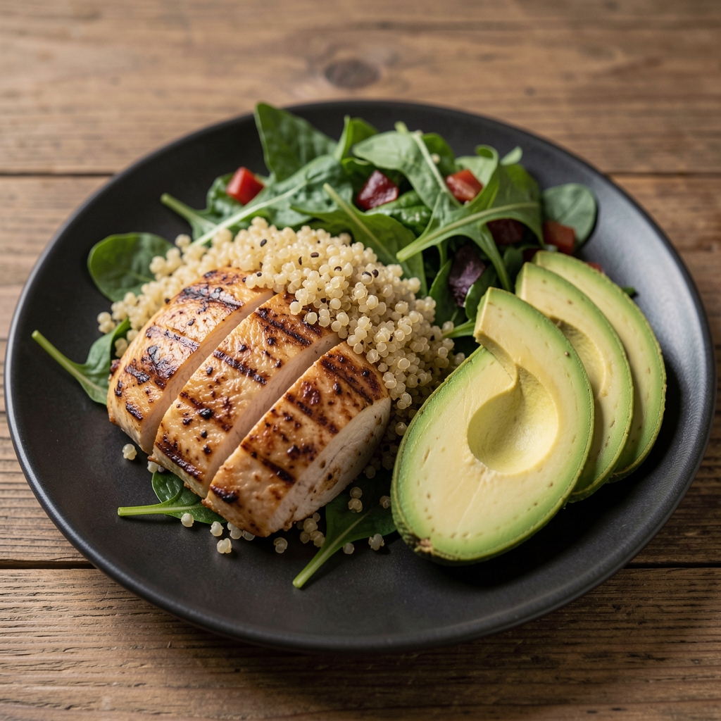 Close-up of a neatly arranged whole-food meal on a dark plate: grilled chicken, quinoa, leafy greens, and sliced avocado on a wooden surface