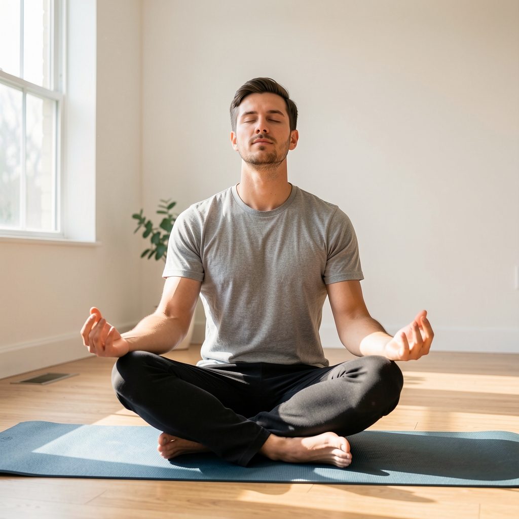 Man sitting cross-legged on a yoga mat in a bright room doing breathwork exercises, calm expression, morning light through window
