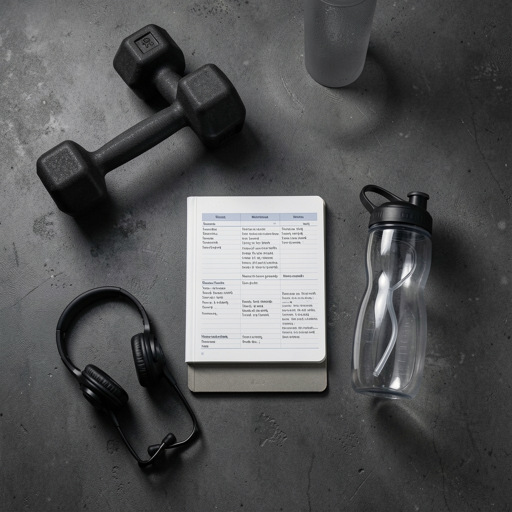 Flat-lay arrangement of fitness equipment, a nutrition journal, and a hydration bottle on a dark concrete surface with sharp studio lighting
