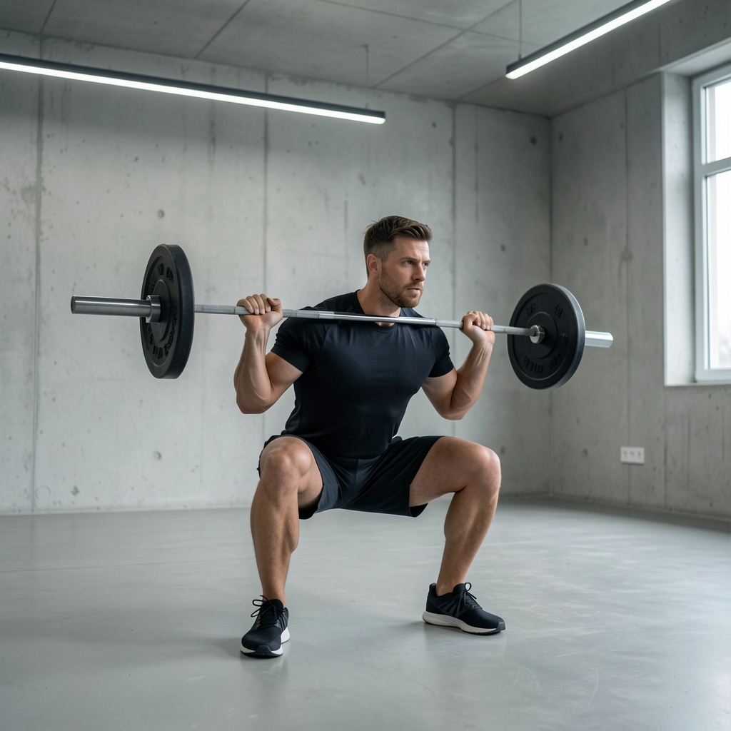 Male athlete performing a controlled barbell squat in a minimalist gymnasium with clean industrial lighting and concrete walls