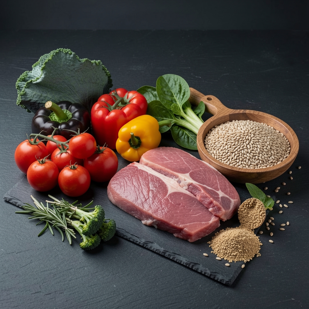 Neatly arranged whole-food ingredients on a dark stone surface — fresh vegetables, lean proteins, and grains positioned for editorial food photography under studio lighting