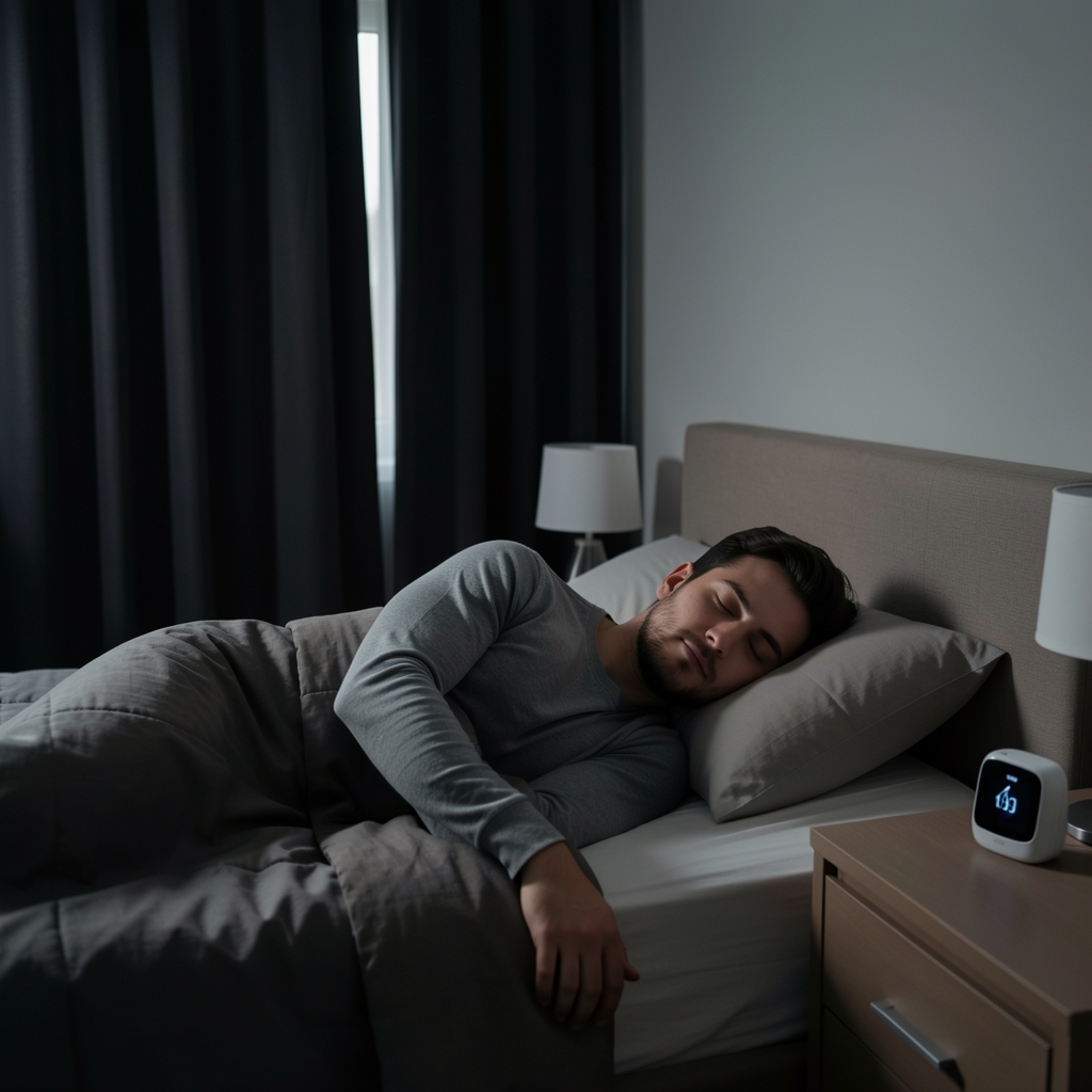 Man in a calm, dimly lit bedroom positioned for sleep, minimal environment with blackout curtains and a sleep tracking device visible on a bedside table